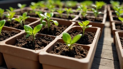A green seedling tray with small plants in brown pots.