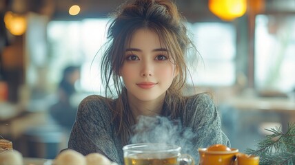 a friendly and approachable woman with natural makeup. She is brewing herbal tea and about to drink it from a transparent glass that rests on a wooden table.