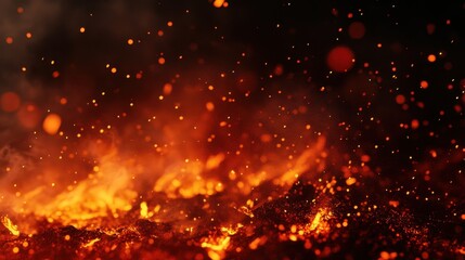 Close-up view of molten lava with glowing embers and sparks, creating a dramatic and fiery atmosphere.