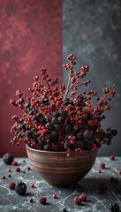 Elegant elderberry clusters in wooden bowl, rich culinary texture