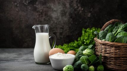 A farm-fresh display of dairy and vegetables: a basket of eggs, a pitcher of milk, and a bowl of yogurt placed next to a pile of vibrant spinach and Brussels sprouts.