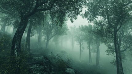 Obraz premium Misty Forest Scene with Tall Trees and Soft Light Creating an Ethereal and Serene Atmosphere