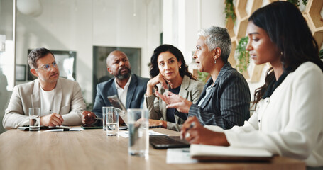 Boardroom, corporate and business people in meeting with manager for feedback, review and project....
