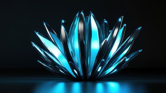 A stunning, metallic blue sculpture resembling a blooming flower, radiating light against a dark backdrop. - Powered by Adobe