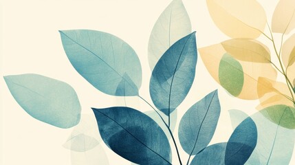 A delicate arrangement of watercolor leaves in shades of blue and soft yellow against a light background.