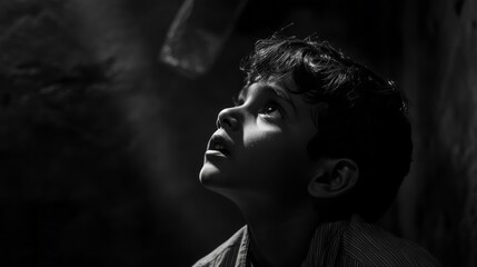 A young Indian child gazes upward with wide, curious eyes, illuminated by a soft light in a shadowy setting. The expression reveals a sense of wonder and innocence as he explores his surroundings