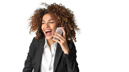 A Joyful Curly-Haired Businesswoman Talking on Transparent Background, PNG