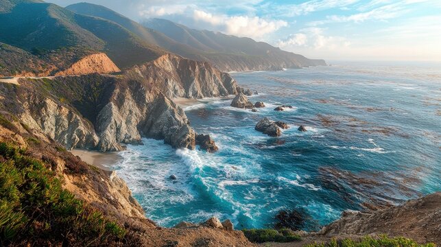 Waves crash against rocky cliffs under a colorful sky as the sun sets over the Pacific Ocean. Lush greenery frames the coastal scene near Big Sur, California, creating a breathtaking view