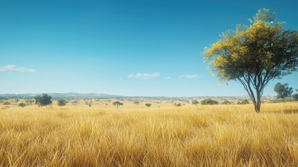 Fototapeta premium Golden grasslands stretch across the landscape, dotted with a few sparse trees under a bright blue sky. This serene outdoor scene captures the beauty of nature and tranquility