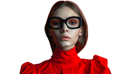 A Lifelike Portrait of a Young Woman in Stylish Black Glasses on Transparent Background, PNG