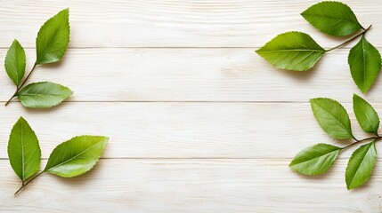 Green Leaves on White Wooden Background