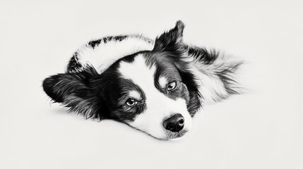 Fototapeta premium A calm and relaxed border collie rests its head on a soft surface, showcasing its expressive eyes and beautiful coat.