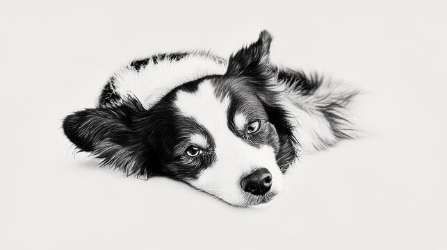 A calm and relaxed border collie rests its head on a soft surface, showcasing its expressive eyes and beautiful coat.