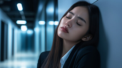 Fototapeta premium A close-up of a corporate woman in an empty hallway, eyes shut tight, forehead resting on the wall as she struggles with job stress and burnout.