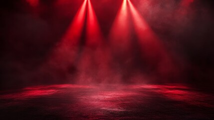 Dramatic red lighting, empty stage, spotlight effects, moody atmosphere, smoky backdrop