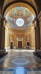 Obraz premium Italian church interior, ornate dome, sunlight, empty pews
