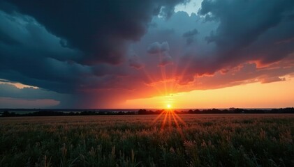 Soft focus captures the drama of a stormy gray sunset, serene landscape, twilight glow, stormy clouds