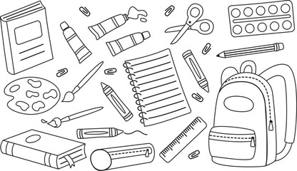 Doodle set with school supplies. Linear illustration of elements for learning and drawing © Olga Dykun