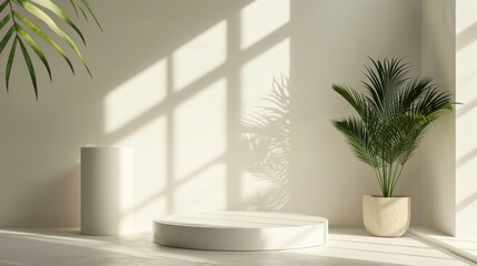 Fototapeta premium Minimal white room, cylinder podium, subtle palm leaf shadows, abstract product display setup
