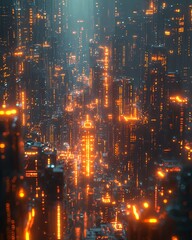 Fototapeta premium A digital cityscape featuring glowing cubes arranged in a cyberpunk style