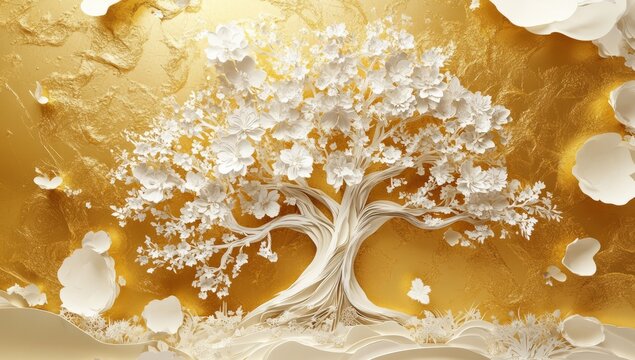 3D wallpaper featuring a white tree of life with golden flowers, set against a golden background with gold and white colors, showcasing detailed paper cut art.