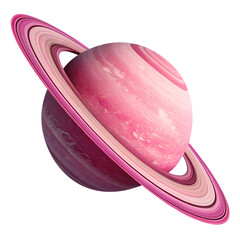 3D cartoon saturn planet with pink rings isolated on transparant background, design illustration