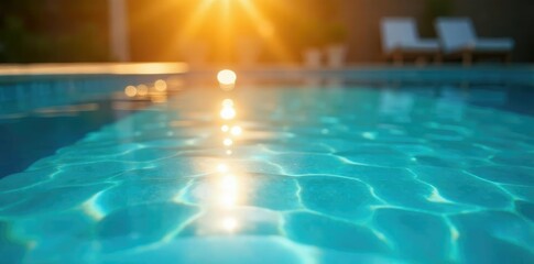 Sparkling pool surface reflects warm sunshine, peaceful, water reflection