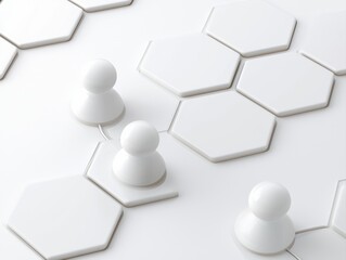 A minimalist design featuring white pawns on a hexagonal background, symbolizing strategy and teamwork.