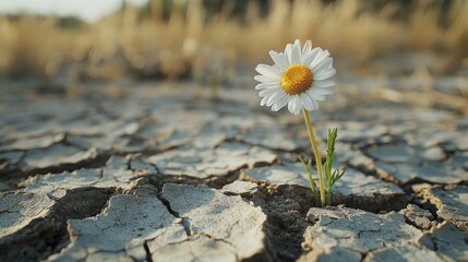 Daisy in cracked earth, resilient nature, flower in dry ground, summer field bloom, survival in harsh conditions