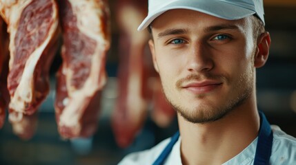 Portrait of a confident meat factory worker in a white cap and blue apron with fresh meat hanging in the background..
