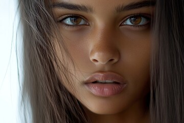 Fototapeta premium Long hairdo - straight hair. Commercial promotion conceptual art. Pretty very amazed mixed-race girl - for ads, marketing material ad and social networks banner use. Black woman hair trends.