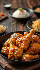 Delicious Korean fried chicken served with vibrant side dishes, culinary delight