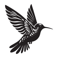 Humming bird Silhouette Vector Illustration, Solid White Background.