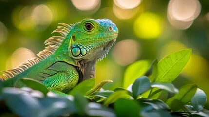Obraz premium Vibrant green iguana perched among lush leaves during golden hour in a tropical habitat