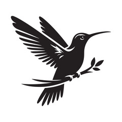 Humming bird Silhouette Vector Illustration, Solid White Background.