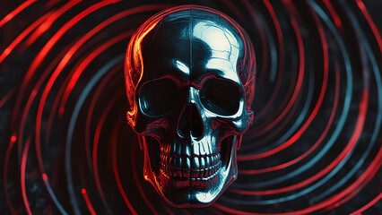 Mystical Chrome Skull with Radiating Red and Blue Waves