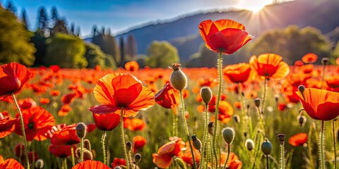 Obraz premium California's Coloma: a breathtaking summer landscape of vibrant red poppies in a wildflower meadow.