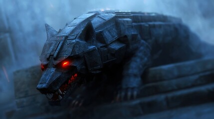 A large stone wolf statue with glowing red eyes is positioned among ancient stone structures. The misty atmosphere enhances the ominous and mysterious feeling of the setting