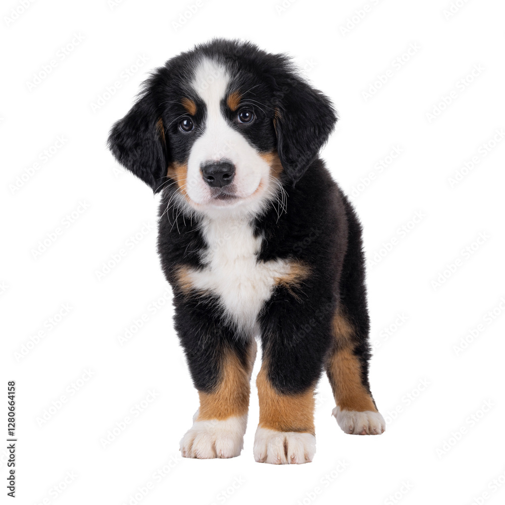 Poster adorable bernese mountain dog puppy, standing up facing front. looking curious to camera with cute h
