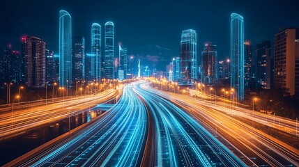 Naklejka premium Nighttime cityscape featuring illuminated buildings and traffic trails on a highway