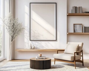 Mockup poster frame on the wall of living room. Luxurious apartment background with contemporary design. Modern interior design.