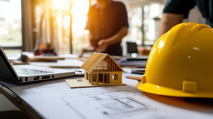 A construction site office table with an open floor plan, a small handcrafted country home model, and a yellow helmet in focus, symbolizing collaboration between architects and bui