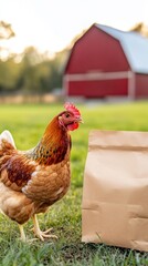 Fototapeta premium A chicken is standing next to a plain paper bag designed for chicken food in a blurred field setting