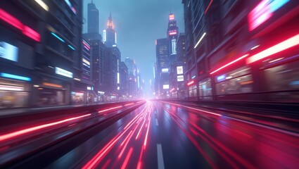 Fototapeta premium Futuristic City Nightscape High-Speed Drive Through Neon-Lit Streets