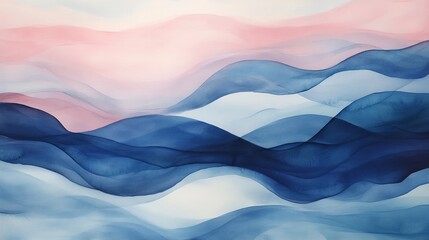 Abstract Waves Art, Blue Pink Landscape, Fluid Watercolor, Modern Wall Decor, Serene Ocean Vibes, Dreamy Horizon, Pastel Colors