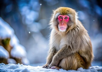 Obraz premium Charming snow monkey portrait: a Japanese macaque rests in its winter home.