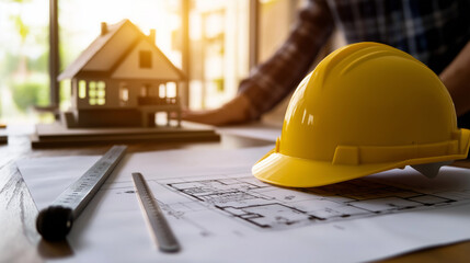 An engineering table with a country house layout printed on large paper, an accurate model of a cozy home on top, and a yellow hard hat resting beside a ruler and measuring tools.