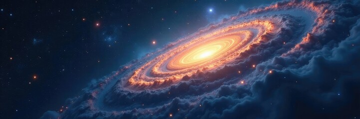 Vast expanse of dark blue space with swirling orange and yellow gas clouds and twinkling stars, astronomy, cosmic dust, nebular clouds