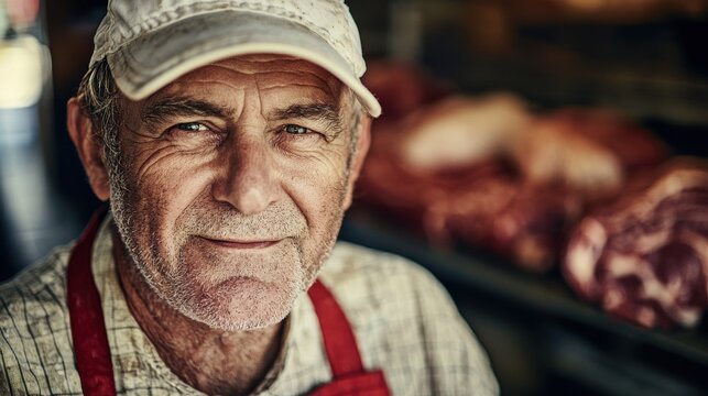 Portrait of a friendly butcher in a red apron and white cap, smiling confidently with fresh meat in the background..