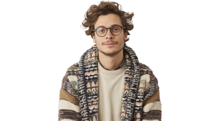 A Man with Glasses and a Sweater Posed on Transparent Background, PNG